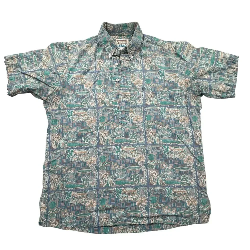 Kahala Hawaiian Shirt Men's M Multi Palm Tree Print Short Sleeve Popover VTG